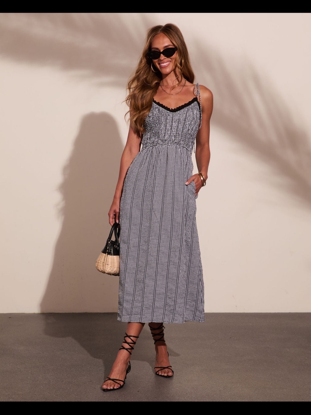 VICI Smocked Navy and White Summer Spell Gingham Midi Dress - Women